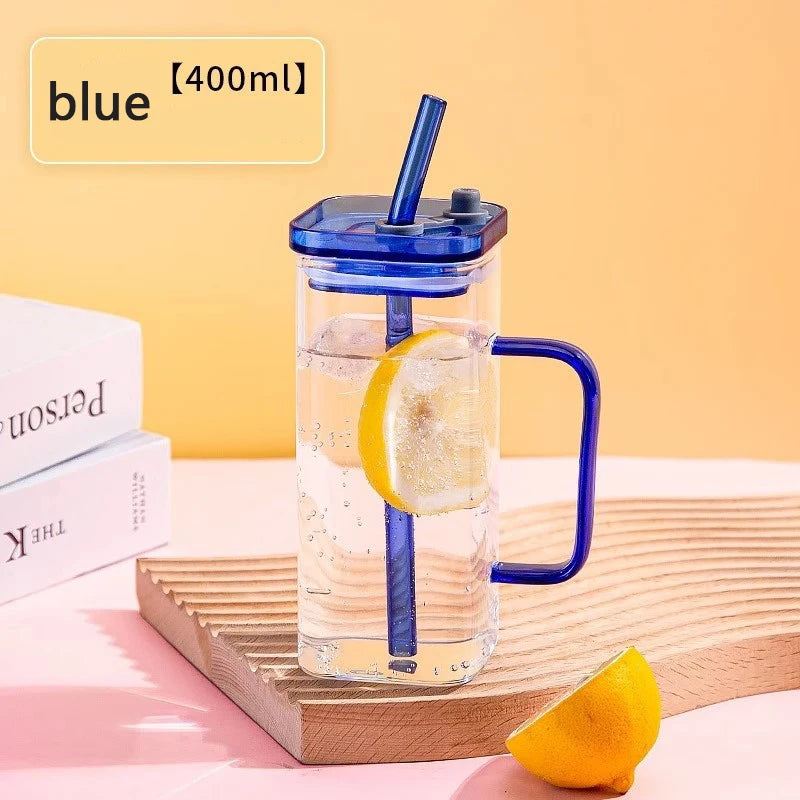 Klear™ Square Glass Iced Coffee Cup – 400ml with Handle, Lid & Straw