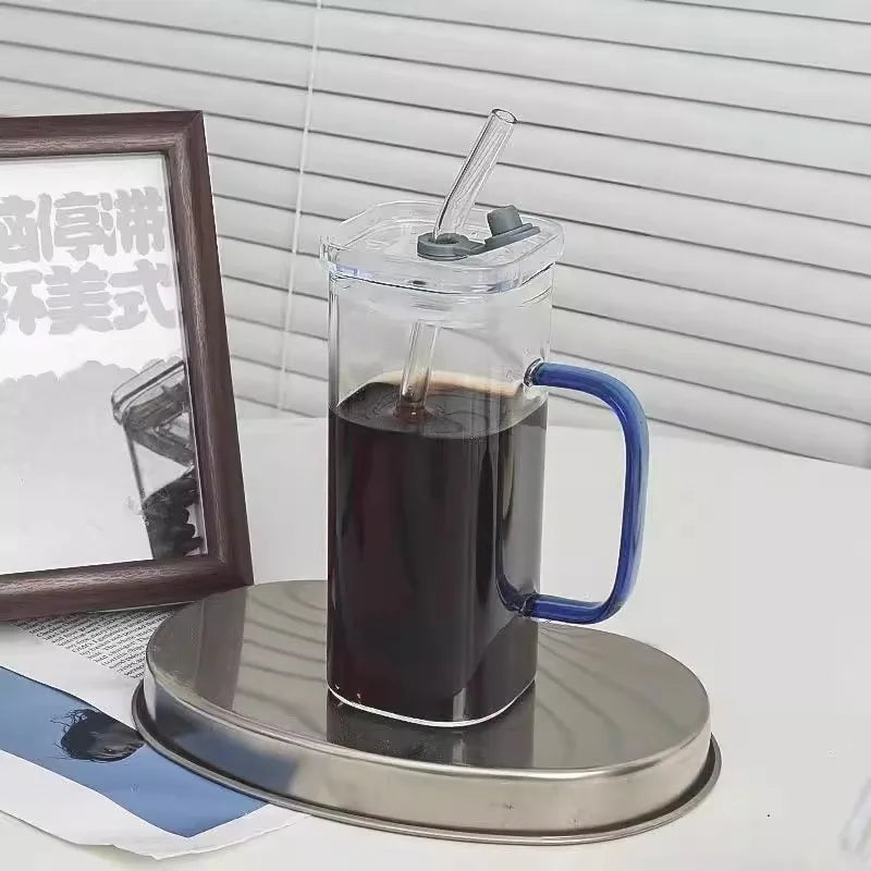 Klear™ Square Glass Iced Coffee Cup – 400ml with Handle, Lid & Straw