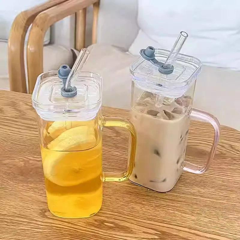 Klear™ Square Glass Iced Coffee Cup – 400ml with Handle, Lid & Straw