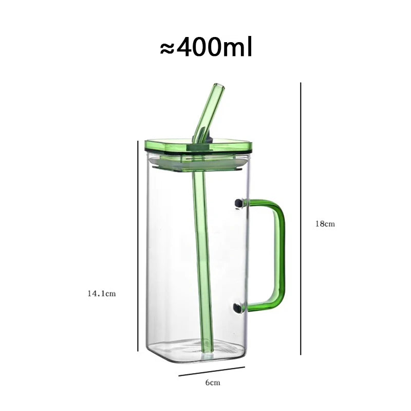 Klear™ Square Glass Iced Coffee Cup – 400ml with Handle, Lid & Straw