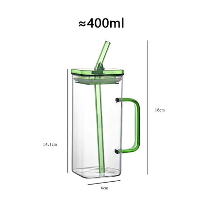 Klear™ Square Glass Iced Coffee Cup – 400ml with Handle, Lid & Straw