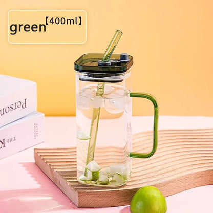 Klear™ Square Glass Iced Coffee Cup – 400ml with Handle, Lid & Straw