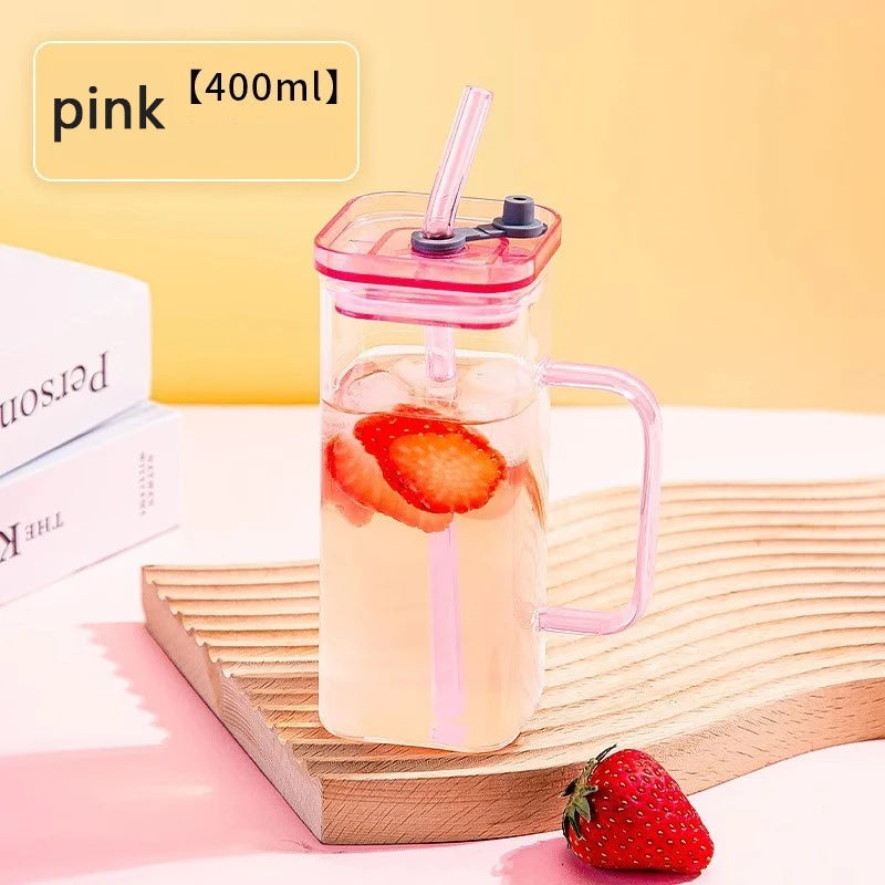 Klear™ Square Glass Iced Coffee Cup – 400ml with Handle, Lid & Straw