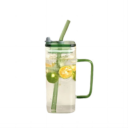 Klear™ Square Glass Iced Coffee Cup – 400ml with Handle, Lid & Straw