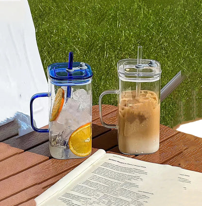 Klear™ Square Glass Iced Coffee Cup – 400ml with Handle, Lid & Straw