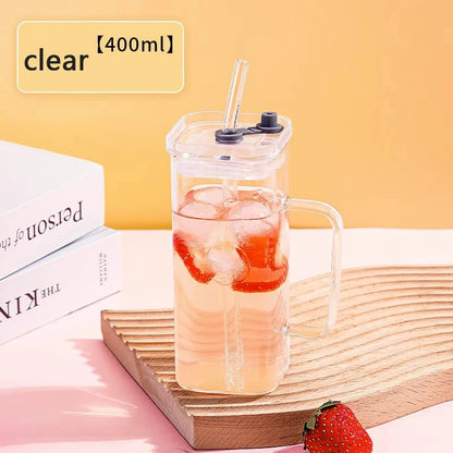 Klear™ Square Glass Iced Coffee Cup – 400ml with Handle, Lid & Straw