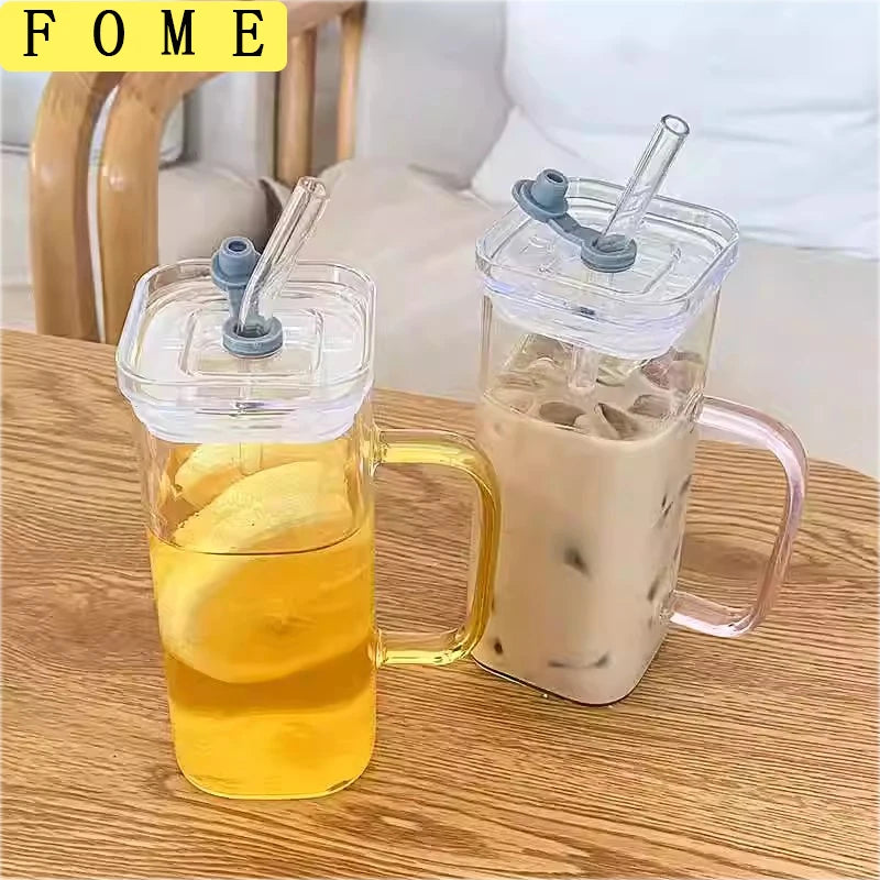 Klear™ Square Glass Iced Coffee Cup – 400ml with Handle, Lid & Straw