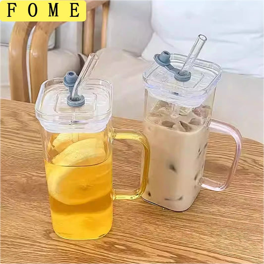 Klear™ Square Glass Iced Coffee Cup – 400ml with Handle, Lid & Straw