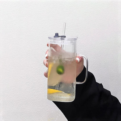 Klear™ Square Glass Iced Coffee Cup – 400ml with Handle, Lid & Straw